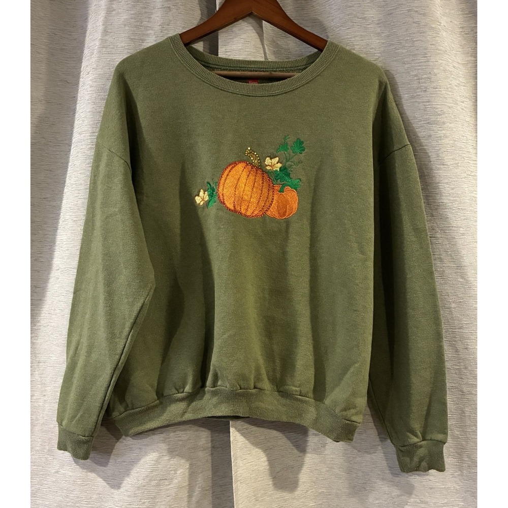 Vintage Hanes Embroidered Fall Pumpkin Crewneck Sweater Green XL 90s Halloween